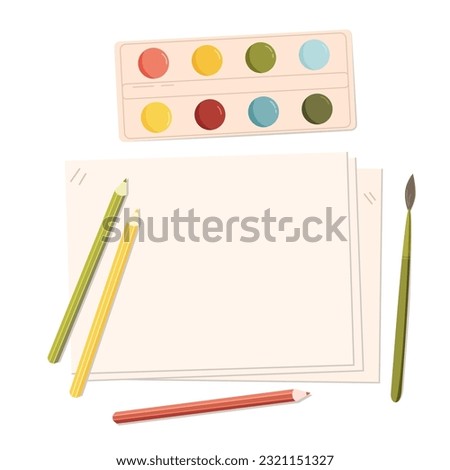 Painting supplies. Brush, colour pencils, watercolor, paper. Vector illustration of stationery isolated on white