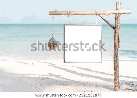 Empty white copy space old wooden sign on tropical beach abstract bacakground. Summer vacation and nature concept.