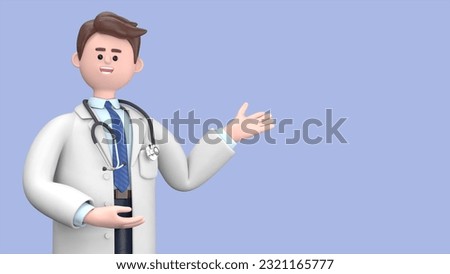 3D illustration of Male Doctor Lincoln shows inviting gesture. Happy professional caucasian male specialist. Medical presentation clip art isolated on blue background
