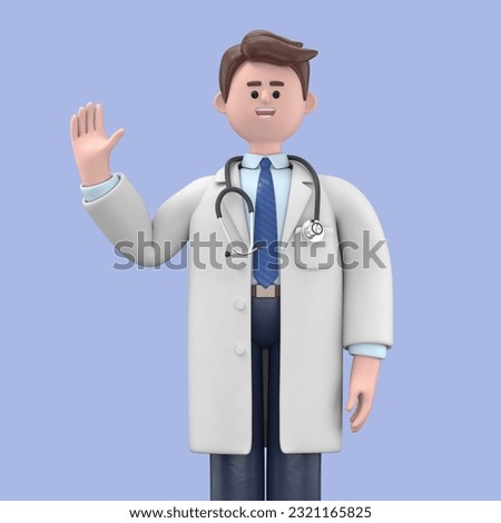 3D illustration of Male Doctor Lincoln waving hand. Portraits of cartoon characters smiling businessman saying hello,Medical presentation clip art isolated on blue background.
