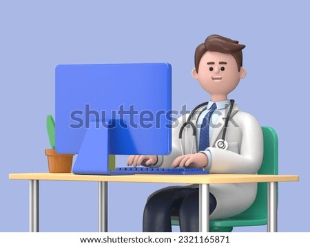 3D illustration of Male Doctor Lincoln working with laptop computer and writing on paperwork. Hospital background.Medical presentation clip art isolated on blue background
