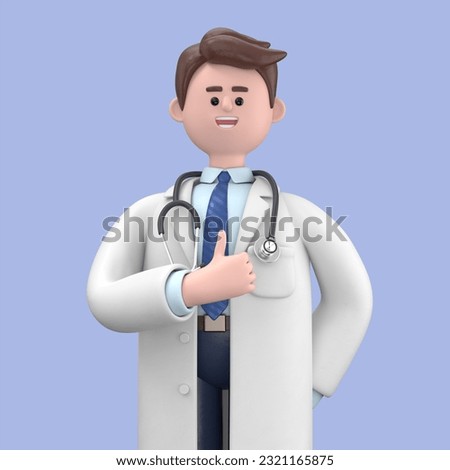 3D illustration of Male Doctor Lincoln shows thumb up. Medical clip art isolated on blue background. Best choice concept. Health care recommendation metaphor
