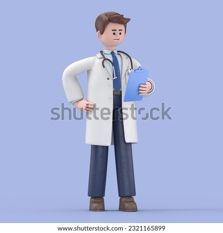 3D illustration of Male Doctor Lincoln holds clipboard. Clip art isolated on blue background. Professional consultation. Medical concept
