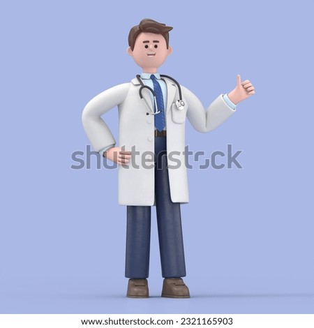 3D illustration of Male Doctor Lincoln shows thumb up. Medical clip art isolated on blue background. Best choice concept. Health care recommendation metaphor
