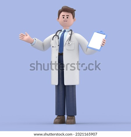 3D illustration of Male Doctor Lincoln shows inviting gesture. Happy professional caucasian male specialist. Medical presentation clip art isolated on blue background
