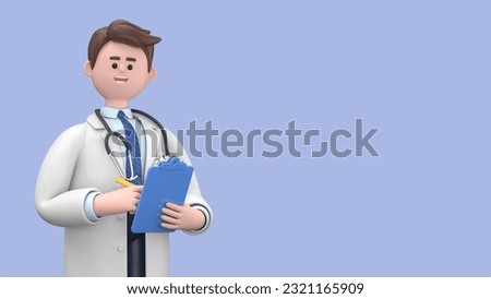 3D illustration of Male Doctor Lincoln holds pen and clipboard. Health care consultation. Hospital assistant. Medical insurance concept. Medical presentation clip art isolated on blue background
