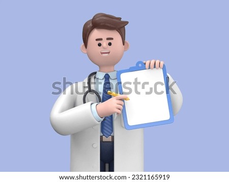 3D illustration of Male Doctor Lincoln shows finger up holds blank clipboard. Medical clip art isolated on blue background. Health insurance concept. Best choice or recommendation metaphor
