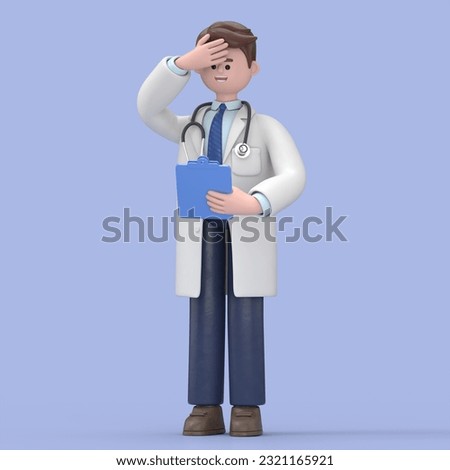 3D illustration of Male Doctor Lincoln confused. Thinking man touches head and looks at camera. Medical clip art isolated on blue background. Problem solving concept. Professional therapist at work
