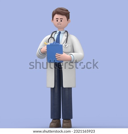3D illustration of Male Doctor Lincoln holds blue clipboard. Professional caucasian male specialist. Medical clip art isolated on blue background. Hospital assistant
