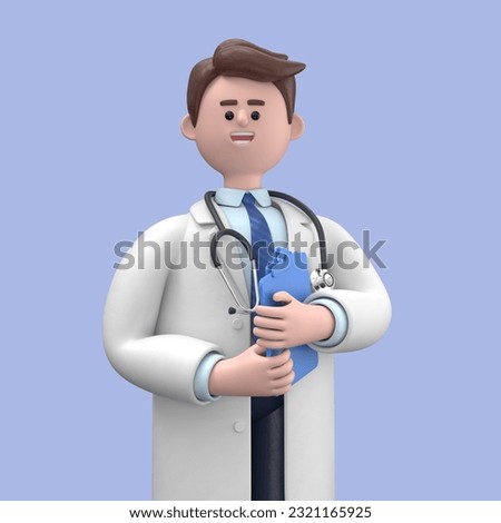 3D illustration of Male Doctor Lincoln holds blue clipboard. Professional caucasian male specialist. Medical clip art isolated on blue background. Hospital assistant

