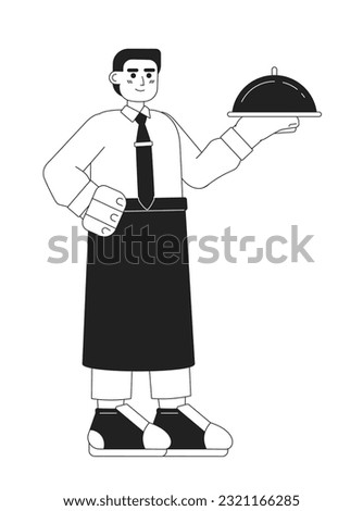 Waiter stand with tray monochromatic flat vector character. Editable outline full body male worker with fresh food on white. Cooking character Simple bw cartoon spot image for web graphic design