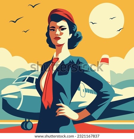 Vector flat illustration of a commercial airline stewardess flight attendant with an airplane in the background. Flat design, vector cartoon. Vintage retro style Royalty-Free Stock Photo #2321167837