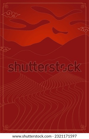 Rice field at red sunset poster. Chinese agricultural terraces in mountains landscape. Rural farmland scenery with paddy. Terraced tea cultivation plantation. Asian agriculture meadow eps background