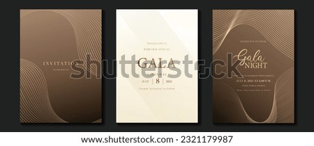 Luxury gala invitation card background vector. Golden elegant wavy gold line pattern on white and brown background. Premium design illustration for wedding and vip cover template, grand opening. Royalty-Free Stock Photo #2321179987