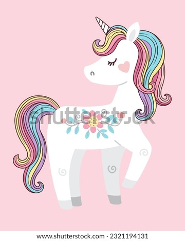 Cute white unicorn with rainbow mane and tail. Vector illustration for kids book, print, greeting card, t shirt