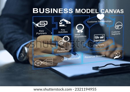 Businessman working with bmc or business model canvas as business process planning on clipboard before investment, partners, activities, segments, costs, sales channels, revenue management.