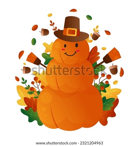 Cute pumpkin doll wearing a hat decorated with acorns and colorful leaves on transparent vector