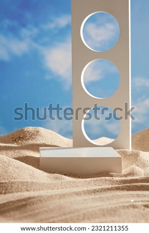Rectangle podium in white color with a geometric object decorated behind. Summer sandy abstract background. Blank space to promote product