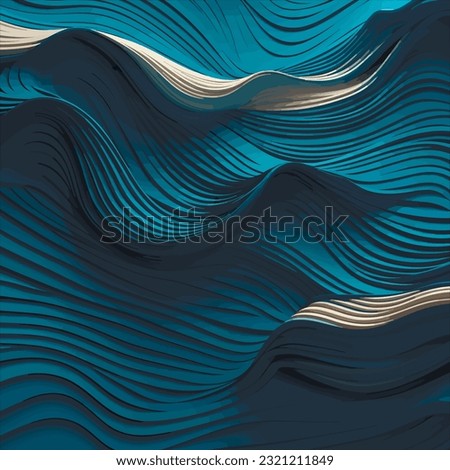Blue waves abstract background texture. Print, painting, design, fashion. Three dimensional render of blue wavy object. Seamless pattern design for banner, poster, card. Colorful background. Vector  Royalty-Free Stock Photo #2321211849
