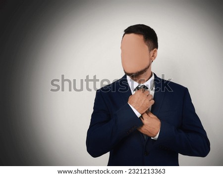Anonymous. Faceless man in suit on dark background, space for text Royalty-Free Stock Photo #2321213363