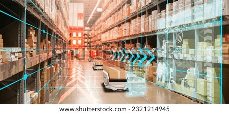 Warehouse management with automated robotics,Warehousing and Technology Connections.,using automation in product management,AI systems for work Royalty-Free Stock Photo #2321214945