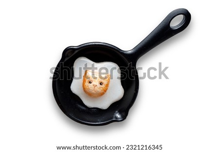 Orange egg cat in black frying pan isolated on white background