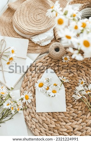 Envelope with daisies and aesthetic decor, holiday concept.