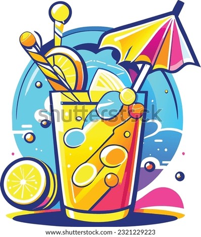 Glass of lemonade vector illustration. Cocktail with lemon, straw, umbrella and bubbles in risoprint style Generative ai 