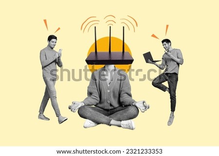 Creative composite illustration collage headless girl meditation share free wifi router people connection isolated on yellow background
