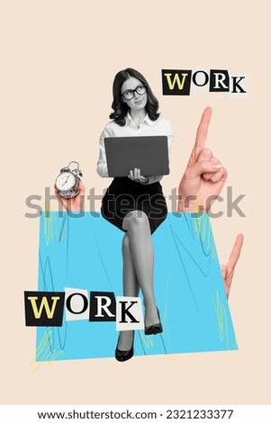 Vertical collage of mini black white colors girl use netbook look big arm point finger work isolated on beige background