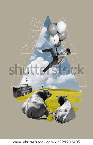 Poster collage of funny little kid spend summer holiday in grandmother farm pasture cows have fun flying balloon boom box discotheque