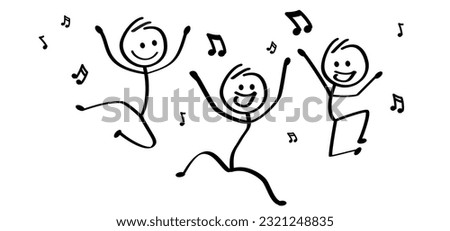 Cartoon dancing couple. Jump, spring, dance and happy stickman people.  Jumping stick figure man person. Party time. to hop, skip on music. Dancers icon. Disco radio symbol.