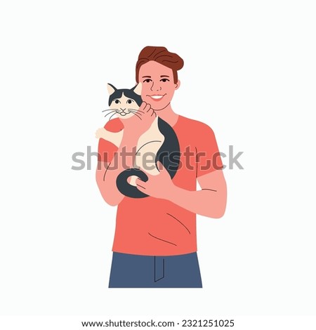 Young man holds and hugs the cat. Children puppies friendship. Vector flat style cartoon illustration