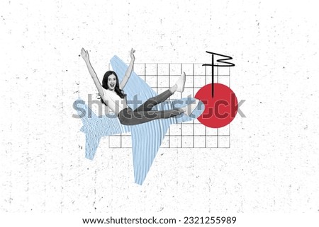 Collage picture of positive black white colors girl sit painted plane flying isolated on creative white background
