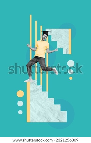 Vertical stock photo collage of young university student bachelor master wear mortarboard jump mba diploma isolated on cyan background