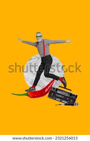 Vertical creative photo artwork collage of happy positive man dancing on pepper boombox in karaoke bar isolated yellow color background