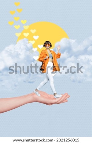 Collage picture of young fashionista stylish wearing woman trendy outfit shopping advert walking heaven clouds isolated on blue background