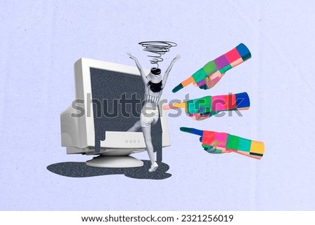 Collage of funny girl direct fingers addicted hypnotized psychedelic computer display lies news narratives isolated on grey background