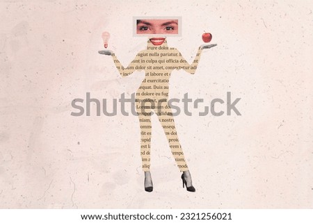 Creative collage of book page text body girl silhouette arms hold compare light bulb apple fruit smiling mouth eyes isolated on painted background