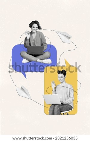 Exclusive magazine picture sketch collage image of smiling ladies online talking modern gadgets isolated beige color background Royalty-Free Stock Photo #2321256035