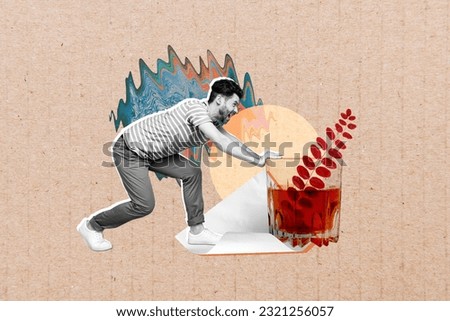 Collage picture of mini black white colors guy arm push huge whiskey glass isolated on paper carton background