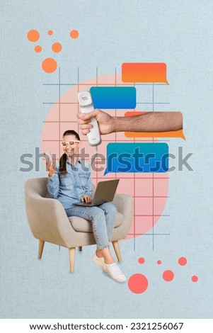 Photo sketch collage picture of smiling lady working client support help line empty space isolated creative background