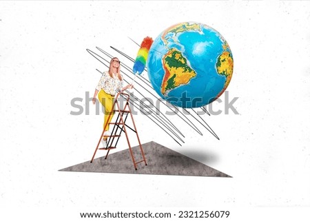 Collage photo concept ecology housekeeper cleaner woman reach upstairs ladder planet earth world protect globe isolated on white background