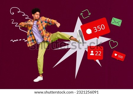 Photo banner of trend collage aggressive man brutal ninja kick his high results popularity social media blog isolated on drawn background