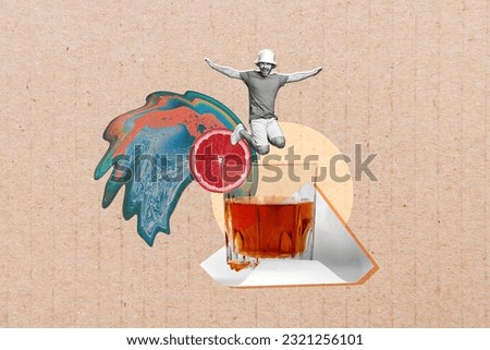 Collage picture of overjoyed mini black white gamma guy jump fall huge whiskey glass grapefruit slice isolated on carton paper background