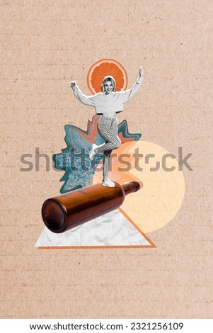 Vertical collage image of excited black white gamma mini girl stand huge bottle dancing orange slice isolated on carton paper background
