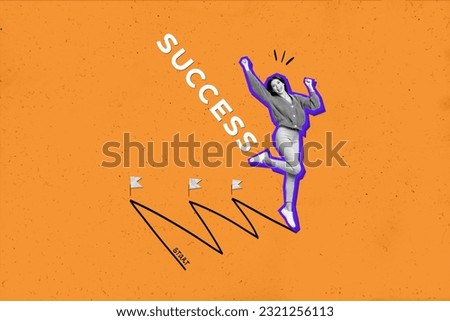 Collage picture of delighted black white effect girl raise fists attainment success path target flags ups downs isolated on orange background