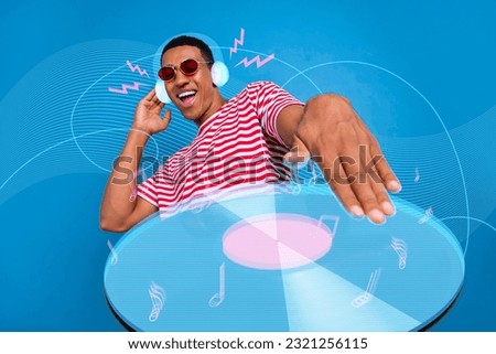 Creative futurism template collage of pop star dj guy playing dynamic music on turntable disc listen headset with holograms Royalty-Free Stock Photo #2321256115