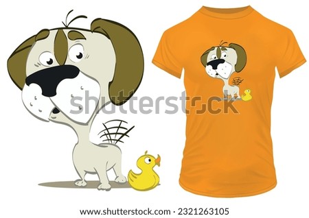 Cute happy dog cartoon with a toy duck. Vector illustration for tshirt, hoodie, website, print, application, logo, clip art, poster and print on demand merchandise.
