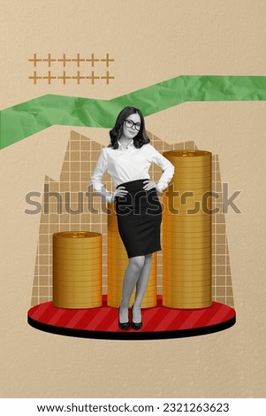 Photo collage artwork minimal picture of confident lady offering earning money isolated creative background